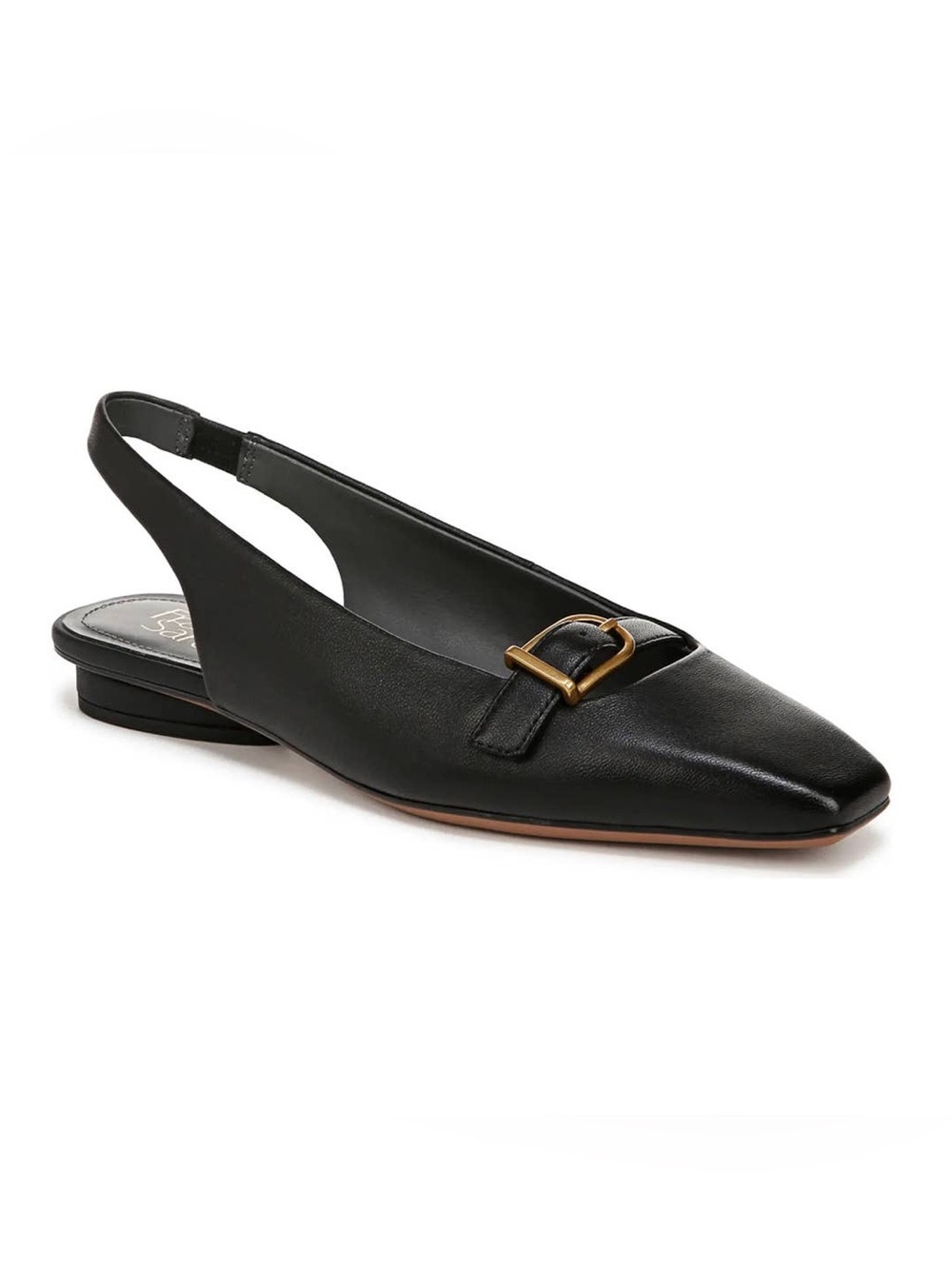 NWOT Franco Sarto Black Leather Slingback Flat with Gold Buckle (9.5)